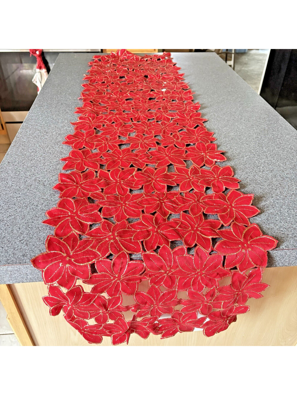 14" x 54” Red/Metallic Gold Cut-Out POINSETTIA Table Runner Holiday Christmas